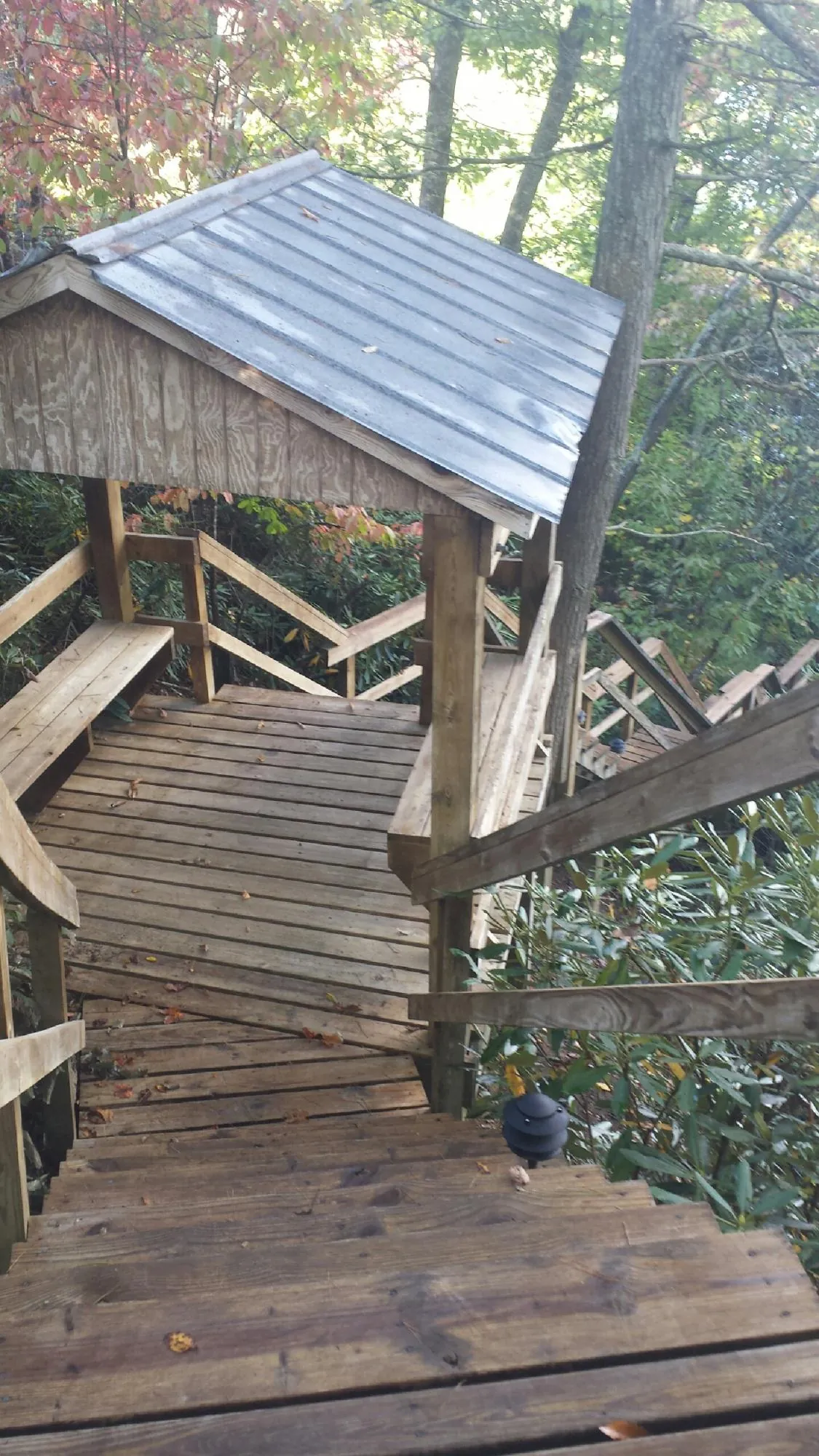 Metal roofed shelter over wooden steps on a wooded walkway — Skylight Repair & Installation work by our crew in Berne
